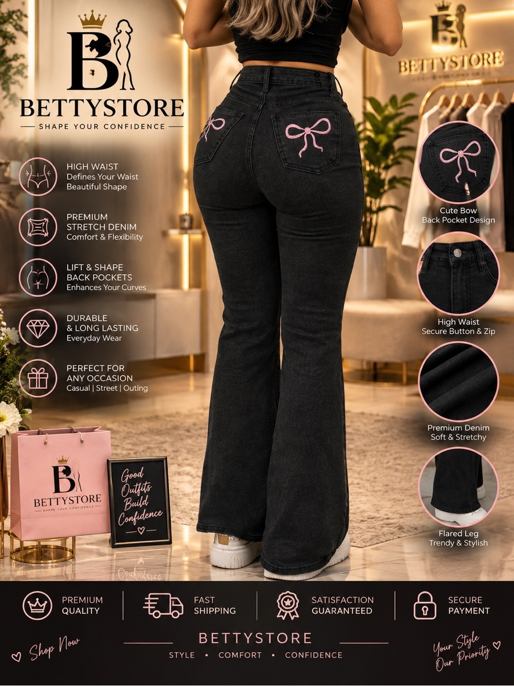 High-Waist Black Flared Jeans with Pink Bow Detail